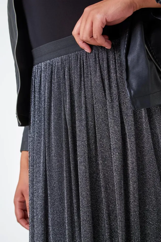 Silver Curve Glitter Mesh Stretch A Line Midi Skirt Women Roman Skirts