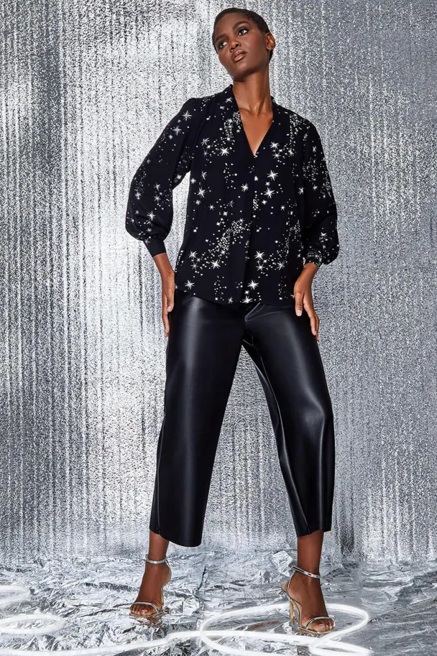 Silver Metallic Star Print VNeck Top Women Roman Tops