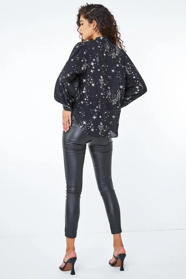 Silver Metallic Star Print VNeck Top Women Roman Tops