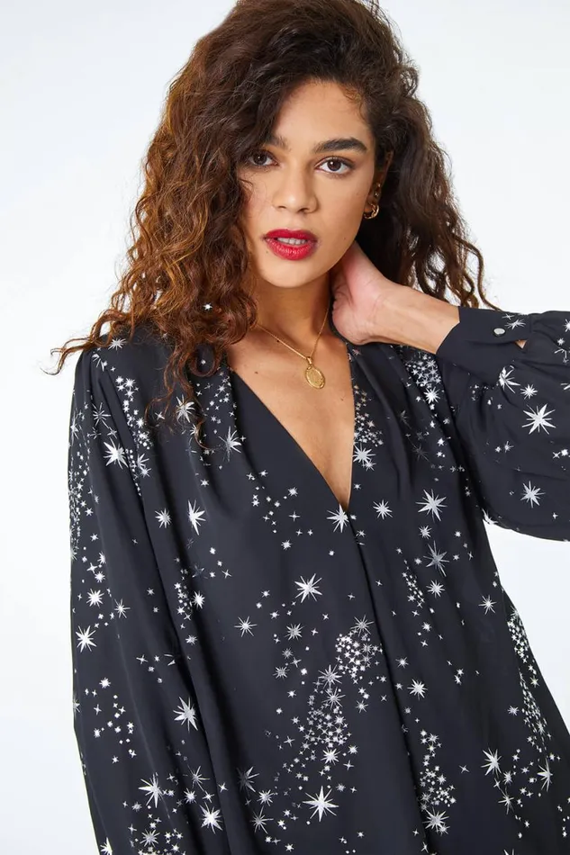 Silver Metallic Star Print VNeck Top Women Roman Tops