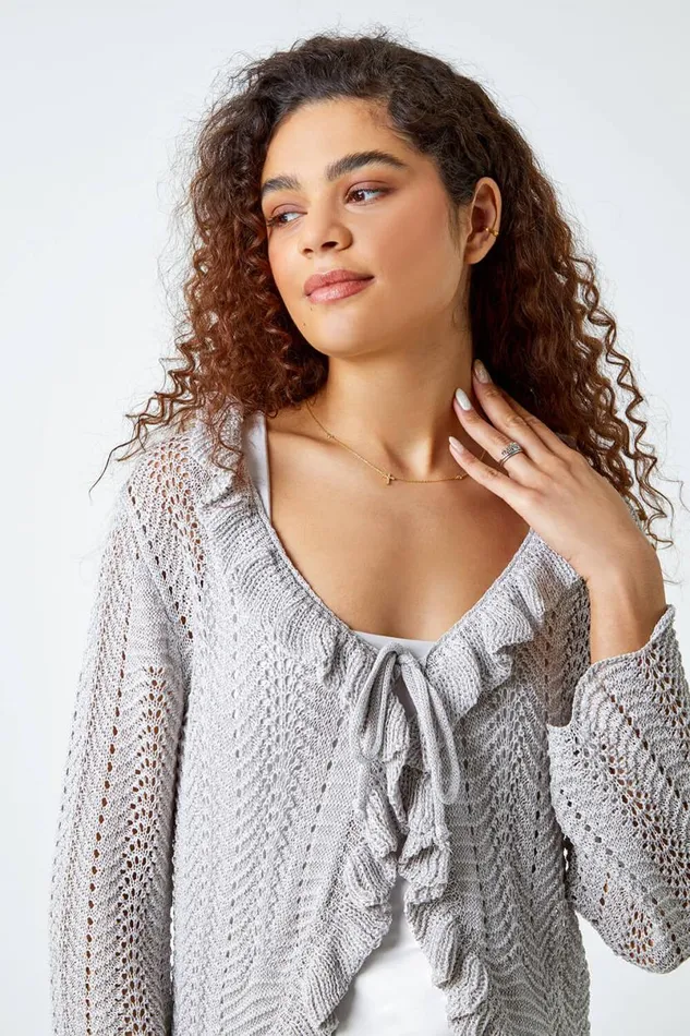 Silver Pointelle Knit Frill Trim VNeck Cardigan Women Roman Knitwear