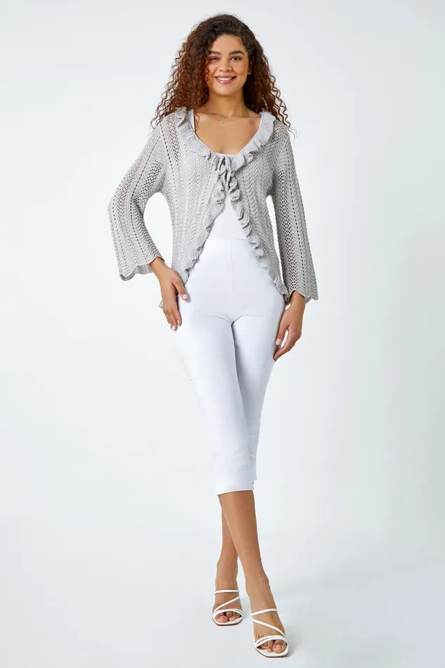Silver Pointelle Knit Frill Trim VNeck Cardigan Women Roman Knitwear