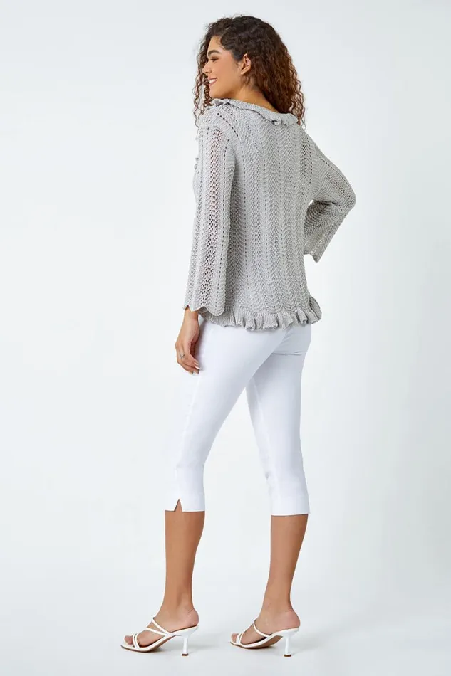 Silver Pointelle Knit Frill Trim VNeck Cardigan Women Roman Knitwear
