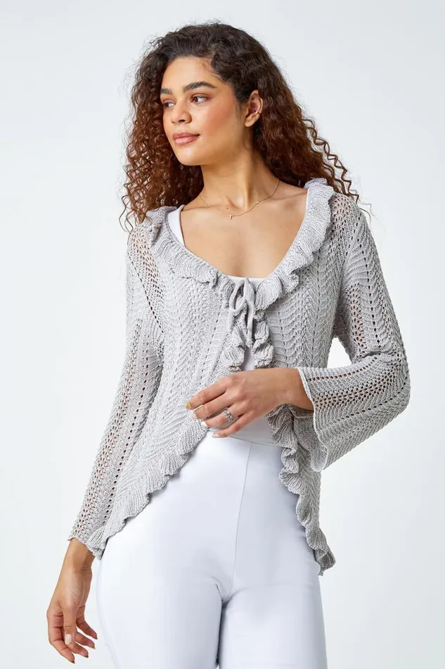 Silver Pointelle Knit Frill Trim VNeck Cardigan Women Roman Knitwear