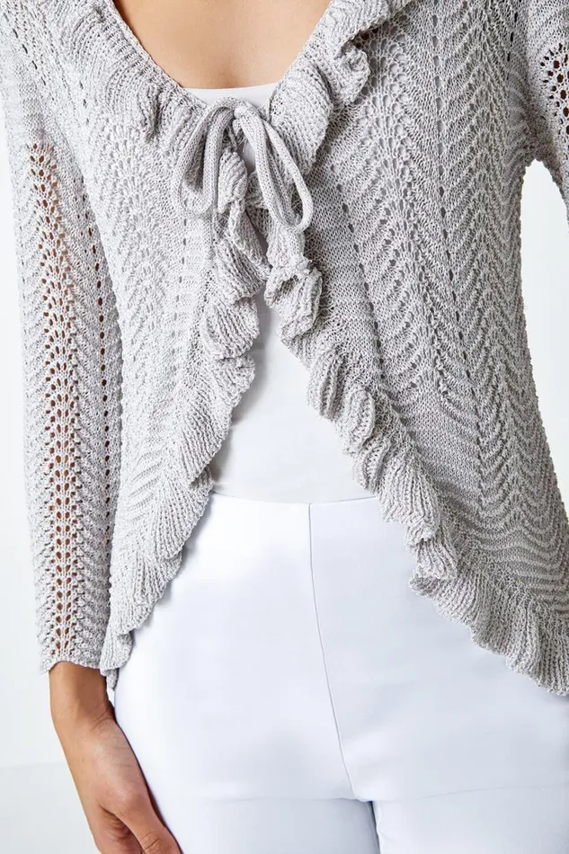Silver Pointelle Knit Frill Trim VNeck Cardigan Women Roman Knitwear
