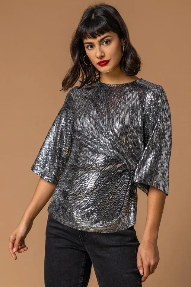 Silver Shimmer Twist Waist Top Women Roman Tops