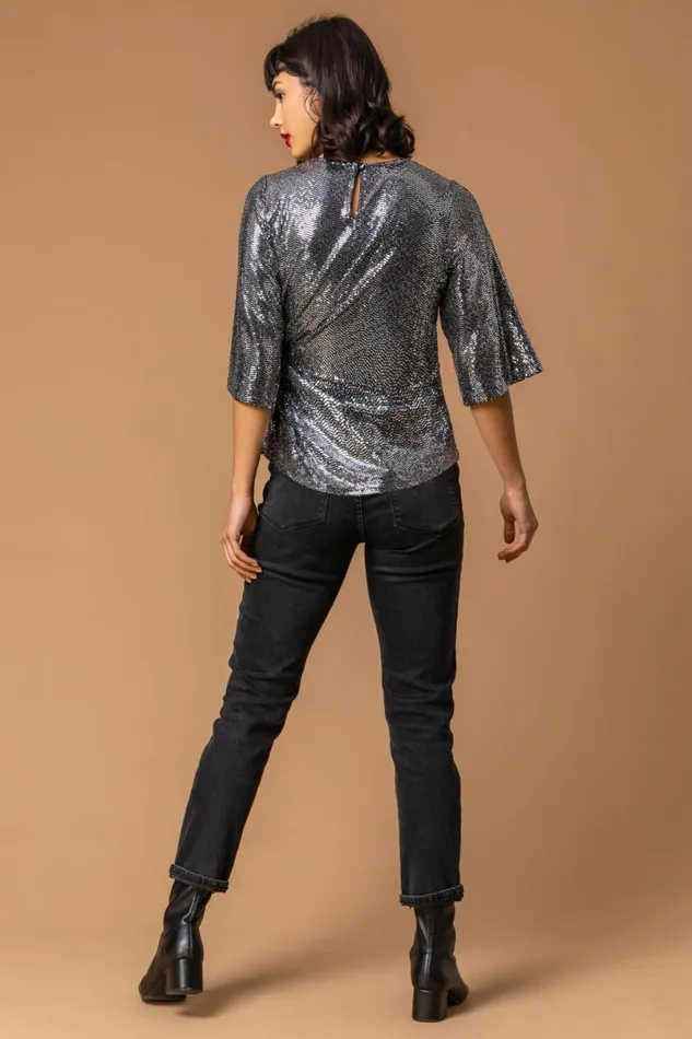 Silver Shimmer Twist Waist Top Women Roman Tops