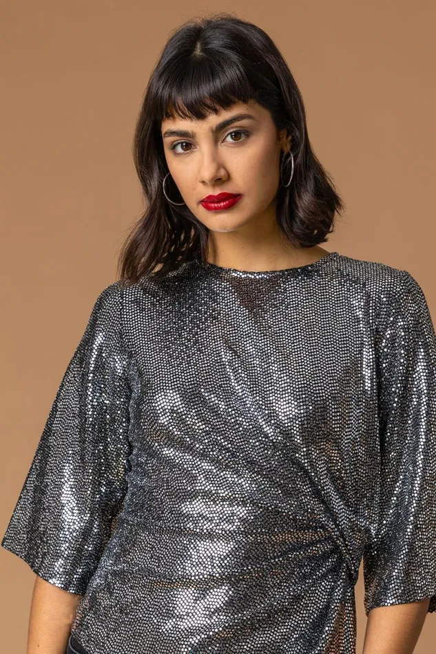 Silver Shimmer Twist Waist Top Women Roman Tops
