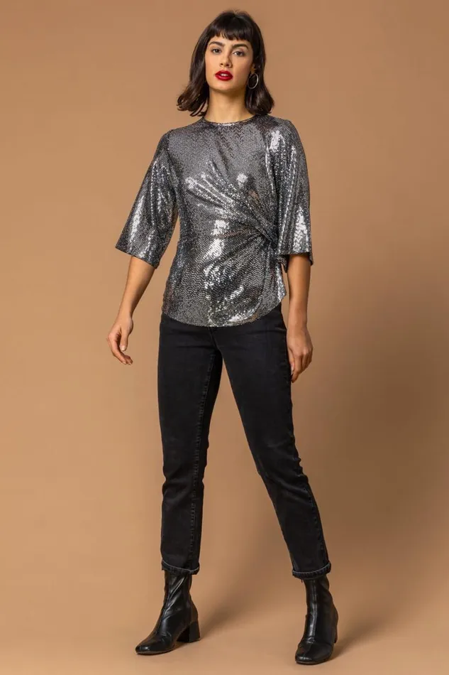 Silver Shimmer Twist Waist Top Women Roman Tops