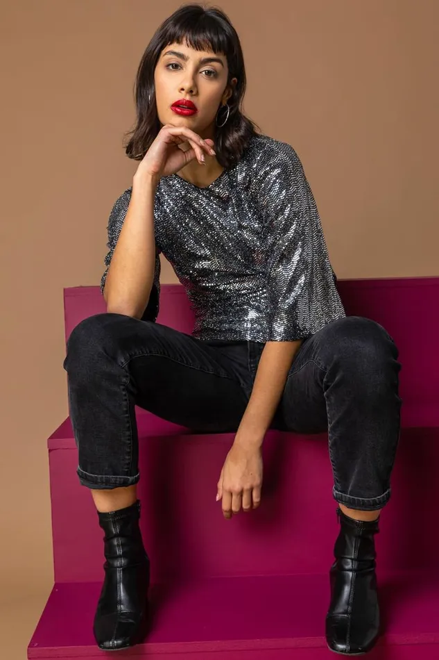 Silver Shimmer Twist Waist Top Women Roman Tops