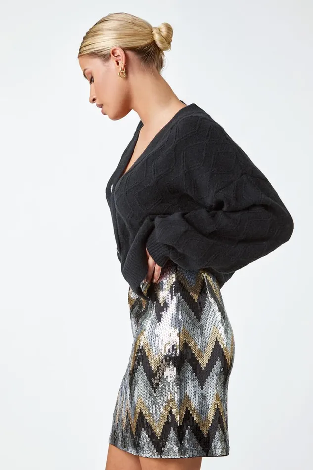 Silver Zig Zag Sequin Elastic Waist Stretch Skirt Women Roman Skirts