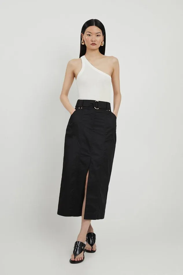 Skirts Women Karen Millen Cotton Sateen Woven Cargo Midi Skirt Black