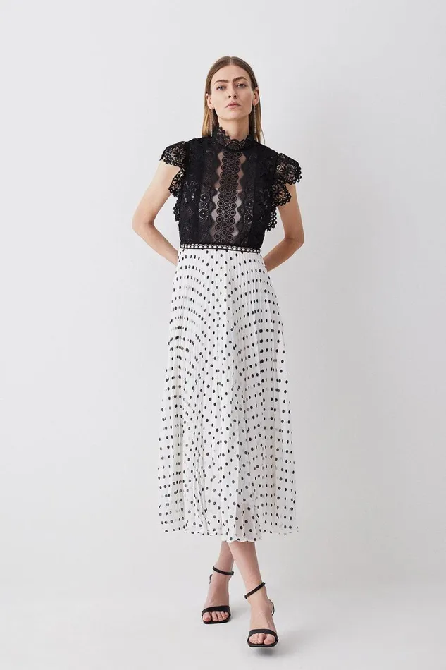 Skirts Women Karen Millen Guipure Lace Dot Pleated Skirt Midi Dress Mono