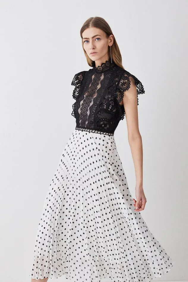 Skirts Women Karen Millen Guipure Lace Dot Pleated Skirt Midi Dress Mono