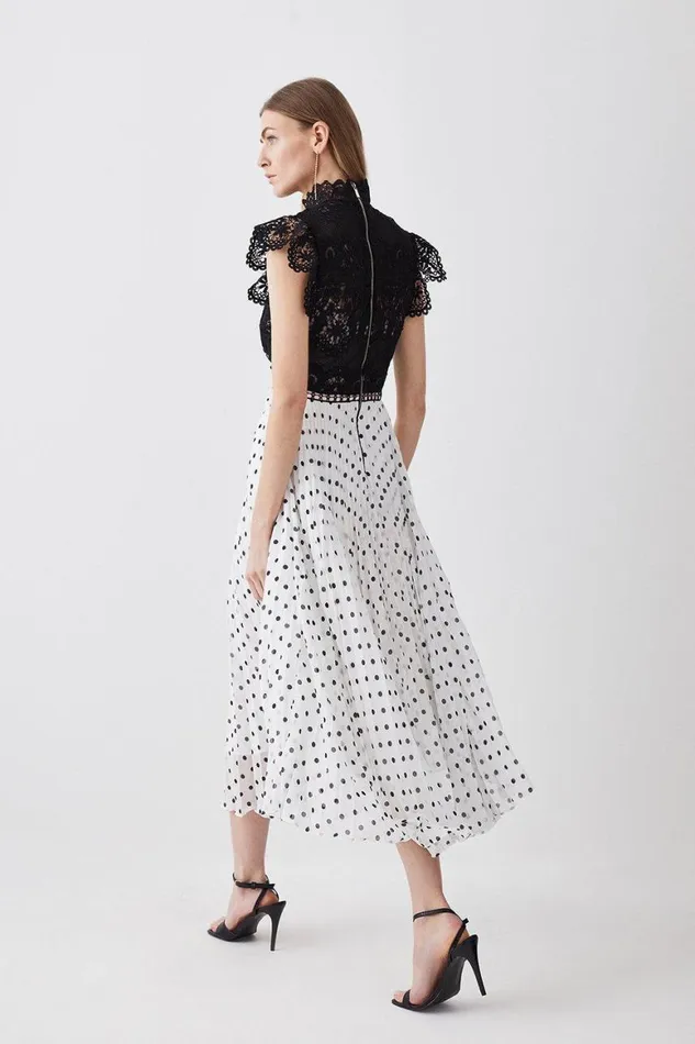 Skirts Women Karen Millen Guipure Lace Dot Pleated Skirt Midi Dress Mono