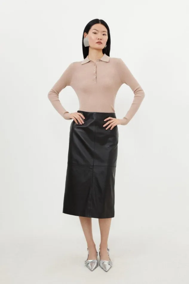 Skirts Women Karen Millen Leather Panel Pencil Midi Skirt Black