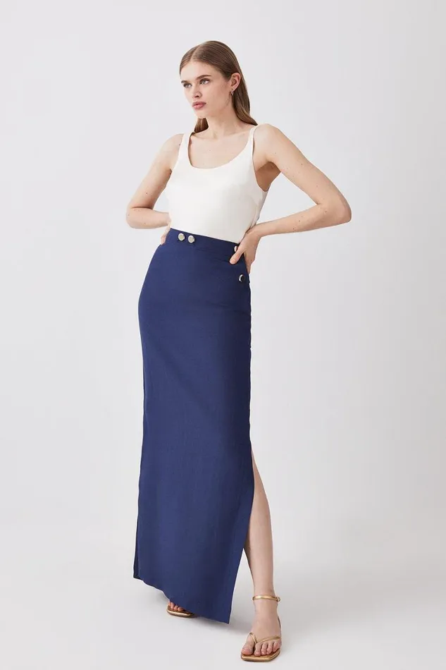 Skirts Women Karen Millen Linen Nautical Button Detail Midi Skirt Navy
