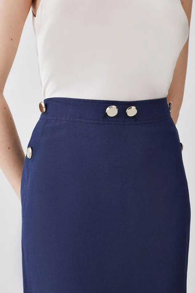 Skirts Women Karen Millen Linen Nautical Button Detail Midi Skirt Navy