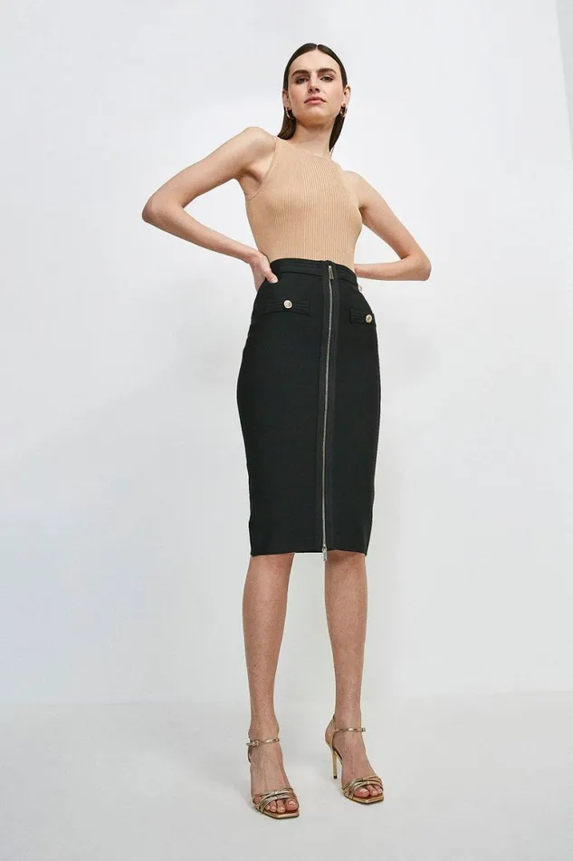 Skirts Women Karen Millen Military Bandage Knitted Pencil Midi Skirt Black