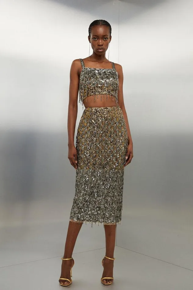Skirts Women Karen Millen Scallop Beaded And Embellished Midi Skirt Gold
