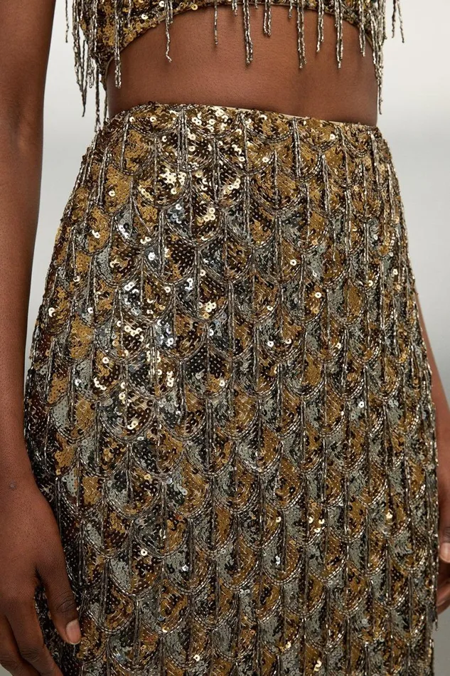 Skirts Women Karen Millen Scallop Beaded And Embellished Midi Skirt Gold