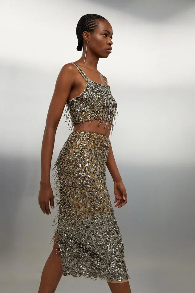 Skirts Women Karen Millen Scallop Beaded And Embellished Midi Skirt Gold