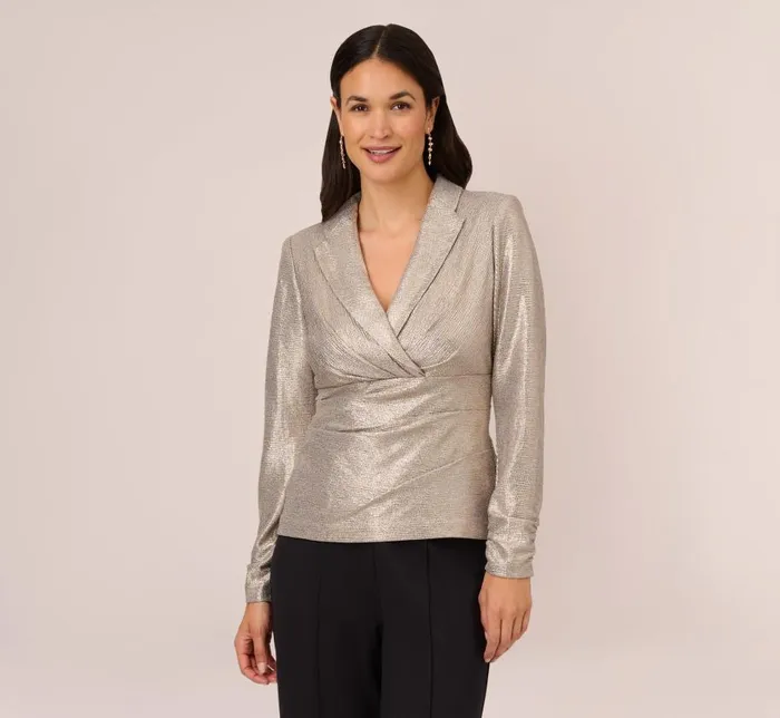 Sleeves Womens Adrianna Papell Metallic Foil Faux Wrap Top With Long Sleeves In Light Gold