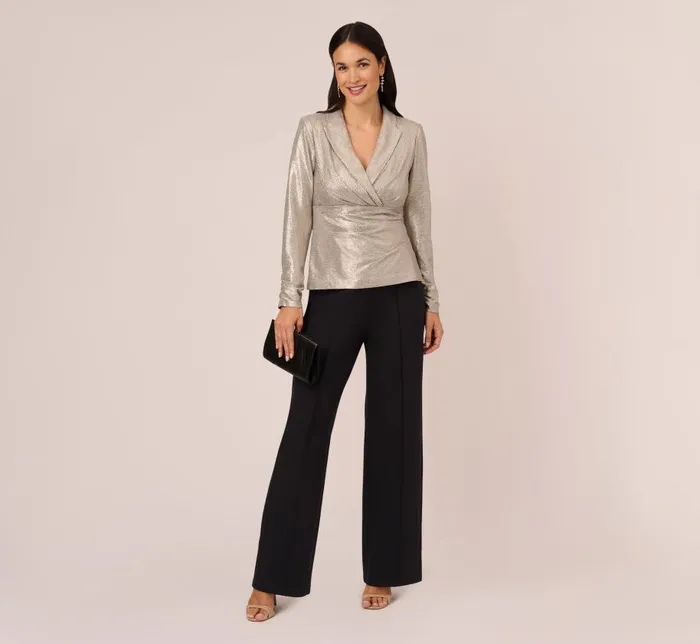 Sleeves Womens Adrianna Papell Metallic Foil Faux Wrap Top With Long Sleeves In Light Gold