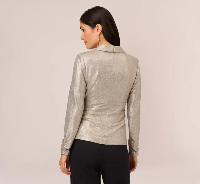 Sleeves Womens Adrianna Papell Metallic Foil Faux Wrap Top With Long Sleeves In Light Gold