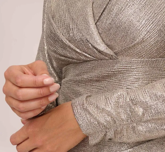 Sleeves Womens Adrianna Papell Metallic Foil Faux Wrap Top With Long Sleeves In Light Gold