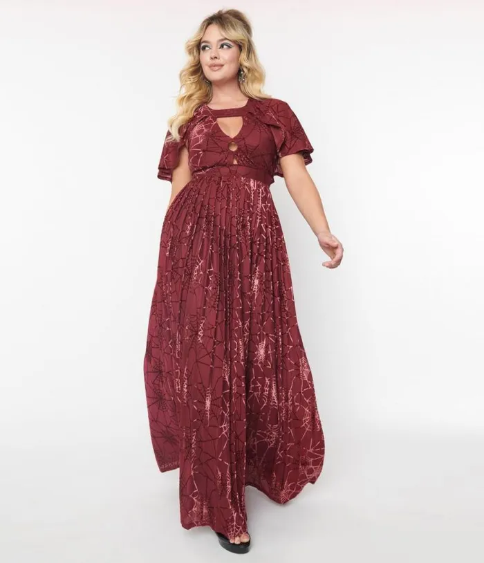 Smak Parlour 1970s Burgundy and Velvet Spiderweb Cape Maxi Dress Halloween Unique Vintage Dresses Smak Parlour 1970s Burgundy and Velvet Spiderweb Cape Maxi Dress Halloween Unique Vintage Dresses