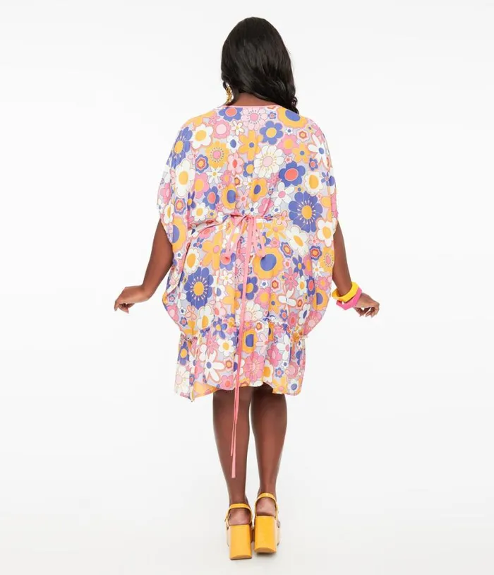 Smak Parlour 1970s Pink and Purple Mod Floral Mini Caftan DressesPlus Unique Vintage Caftans