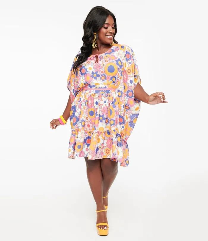 Smak Parlour 1970s Pink and Purple Mod Floral Mini Caftan DressesPlus Unique Vintage Caftans