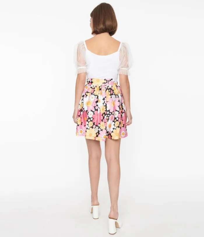 Smak Parlour Pink and White Floral Gathered Mini Skirt Clothing Unique Vintage Skirts
