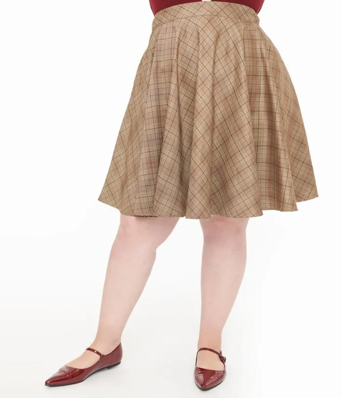 Smak Parlour Plus Size 1960s Brown and Green Plaid Scene Flare Skirt ClothingPlus Unique Vintage Skirts