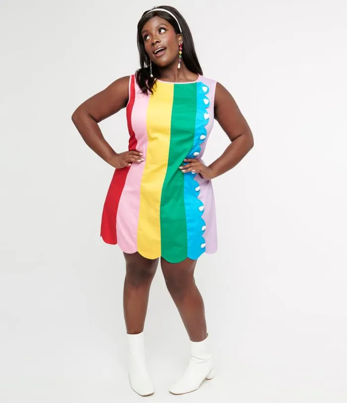 Smak Parlour Plus Size 1960s Rainbow Stripe Scallop Mini Dress DressesPlus Unique Vintage Fit and Flare Smak Parlour Plus Size 1960s Rainbow Stripe Scallop Mini Dress DressesPlus Unique Vintage Fit and Flare