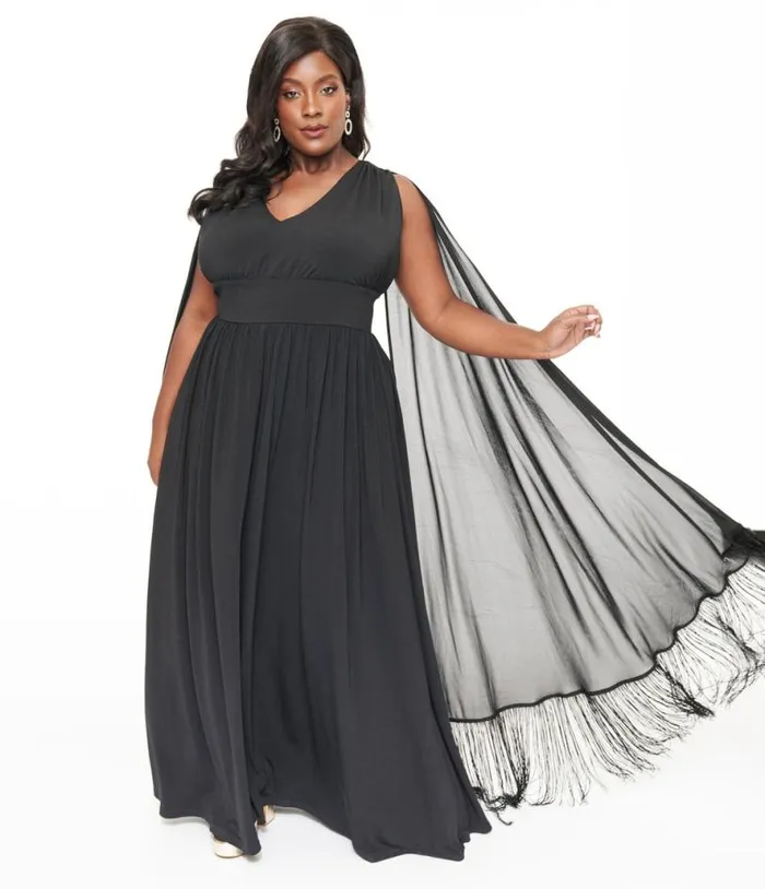 Smak Parlour Plus Size 1970s Black Fringe Cape Maxi Dress DressesPlus Unique Vintage Midi and Maxi Smak Parlour Plus Size 1970s Black Fringe Cape Maxi Dress DressesPlus Unique Vintage Midi and Maxi