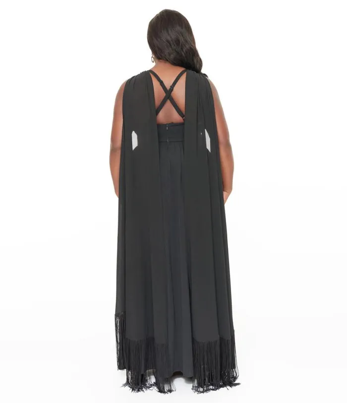 Smak Parlour Plus Size 1970s Black Fringe Cape Maxi Dress DressesPlus Unique Vintage Midi and Maxi
