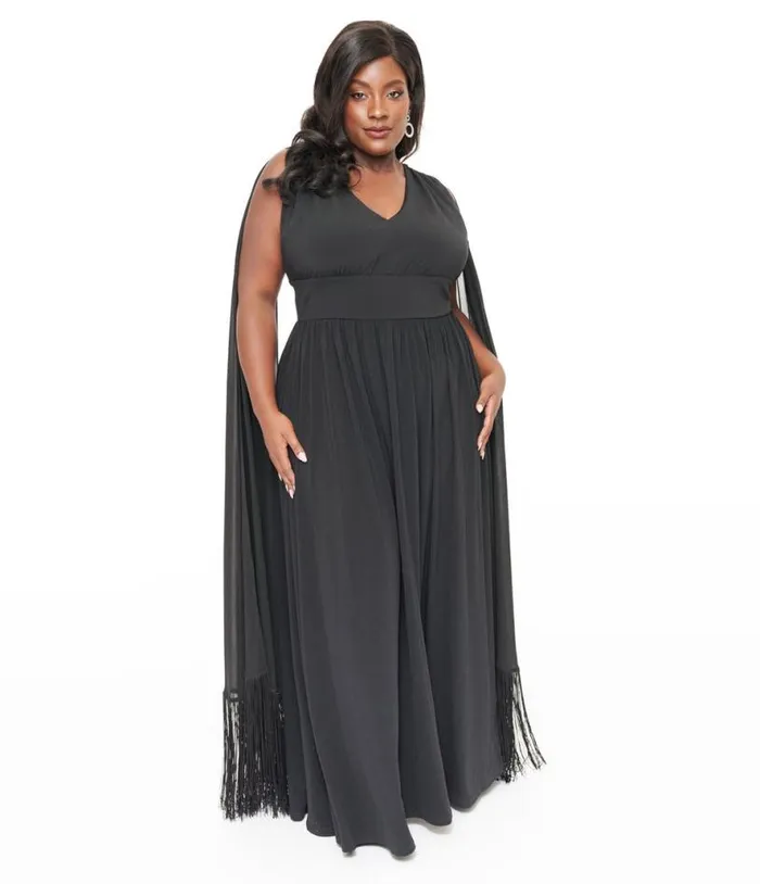 Smak Parlour Plus Size 1970s Black Fringe Cape Maxi Dress DressesPlus Unique Vintage Midi and Maxi