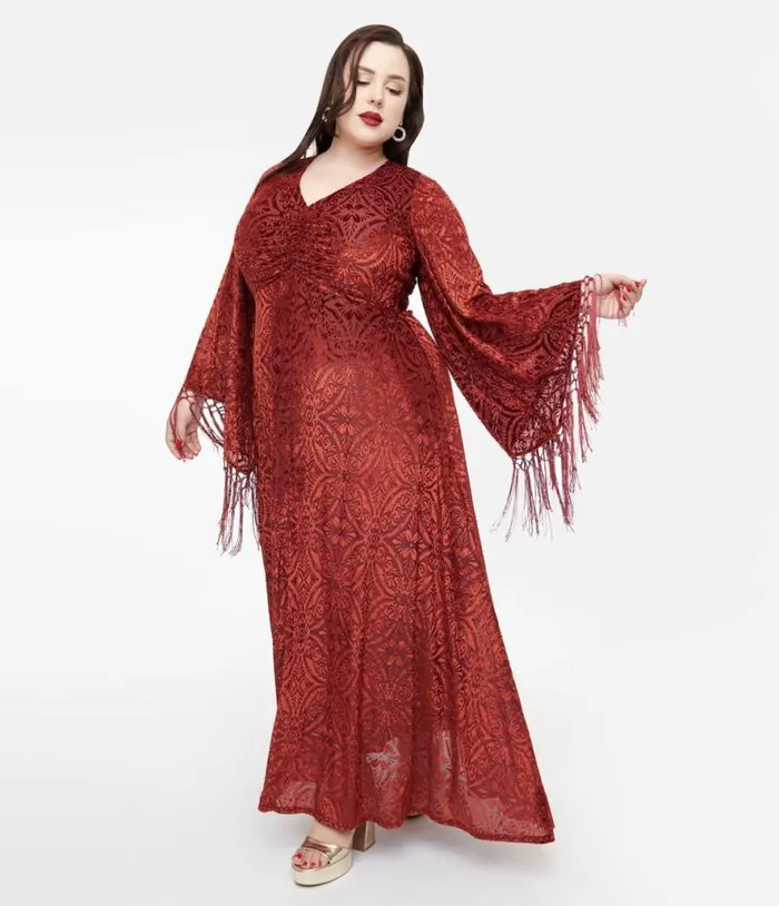 Smak Parlour Plus Size 1970s Burgundy Velvet Burnout Fringe Sleeve Maxi Dress DressesPlus Unique Vintage Midi and Maxi Smak Parlour Plus Size 1970s Burgundy Velvet Burnout Fringe Sleeve Maxi Dress DressesPlus Unique Vintage Midi and Maxi