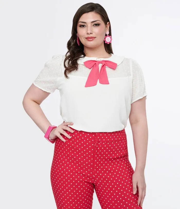 Smak Parlour Plus Size White and Pink Collared Bow Blouse ClothingPlus Unique Vintage Blouses Smak Parlour Plus Size White and Pink Collared Bow Blouse ClothingPlus Unique Vintage Blouses