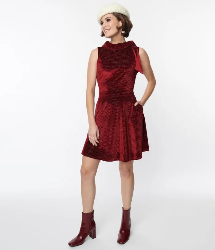 Smak Parlour Ruby Red Mock Neck Fit and Flare Dress DressesPlus Unique Vintage Pocket Dresses