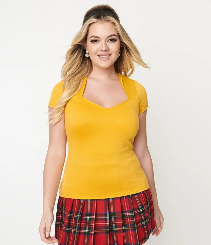 Steady 1950s Mustard Short Sleeve Knit Sophia Top ClothingPlus Unique Vintage Blouses