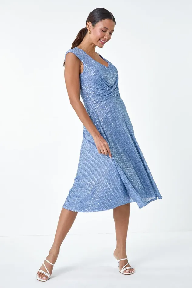 Steel Blue Sequin Wrap Detail Midi Dress Women Roman Dresses