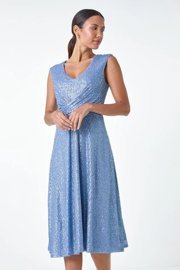 Steel Blue Sequin Wrap Detail Midi Dress Women Roman Dresses