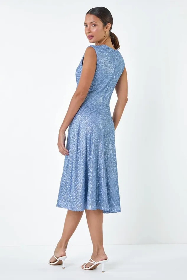 Steel Blue Sequin Wrap Detail Midi Dress Women Roman Dresses