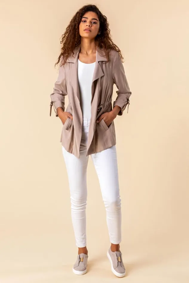 Stone 34 Sleeve Tie Waist Longline Jacket Women Roman Jackets