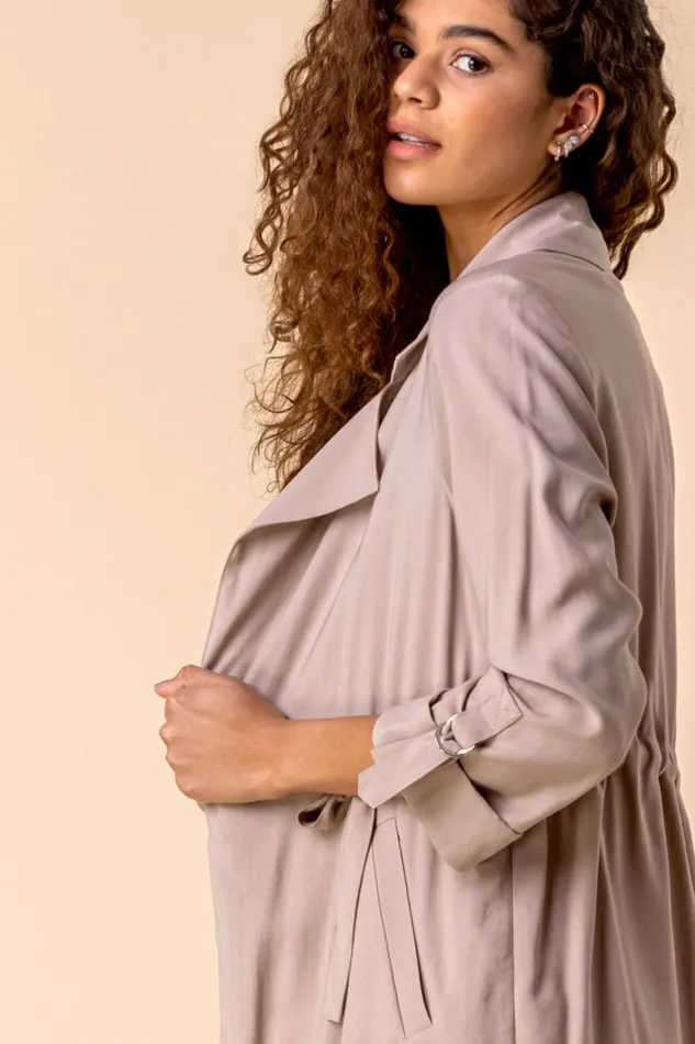 Stone 34 Sleeve Tie Waist Longline Jacket Women Roman Jackets