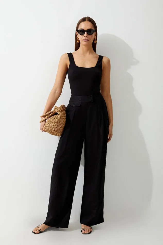 Suits Women Karen Millen Linen Wide Leg Woven Trouser Black