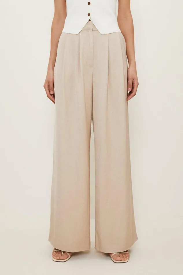 Suits Women Karen Millen Premium Tailored Linen Pleated Wide Leg Trousers Stone